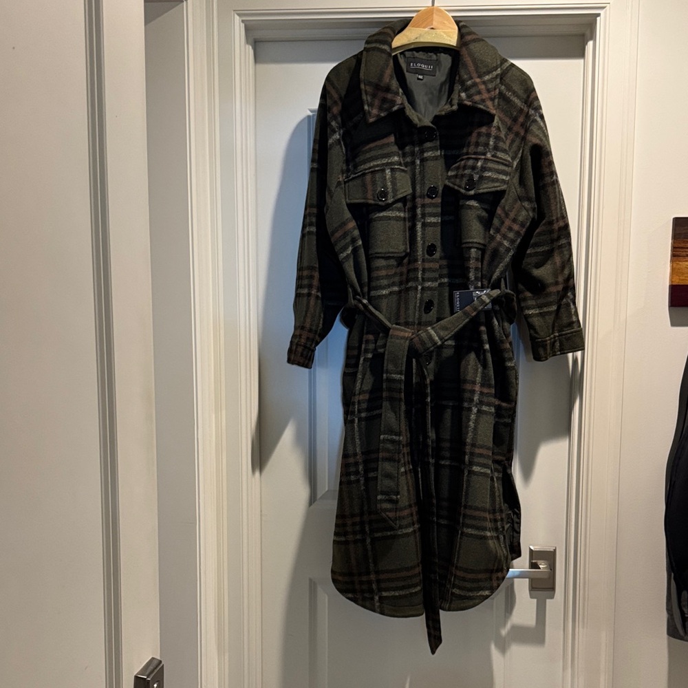Eloquii Elegant Green Plaid Coat with Belt